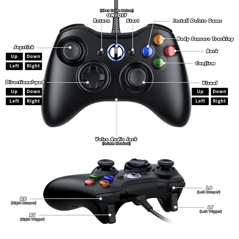 Gamrombo Wired Controller for Xbox 360-2 Pack, Compatible with xbox 360/360 S/360 E, with Dual-Vibration, 2.5mm headphone Jack（Black+White） Black+White