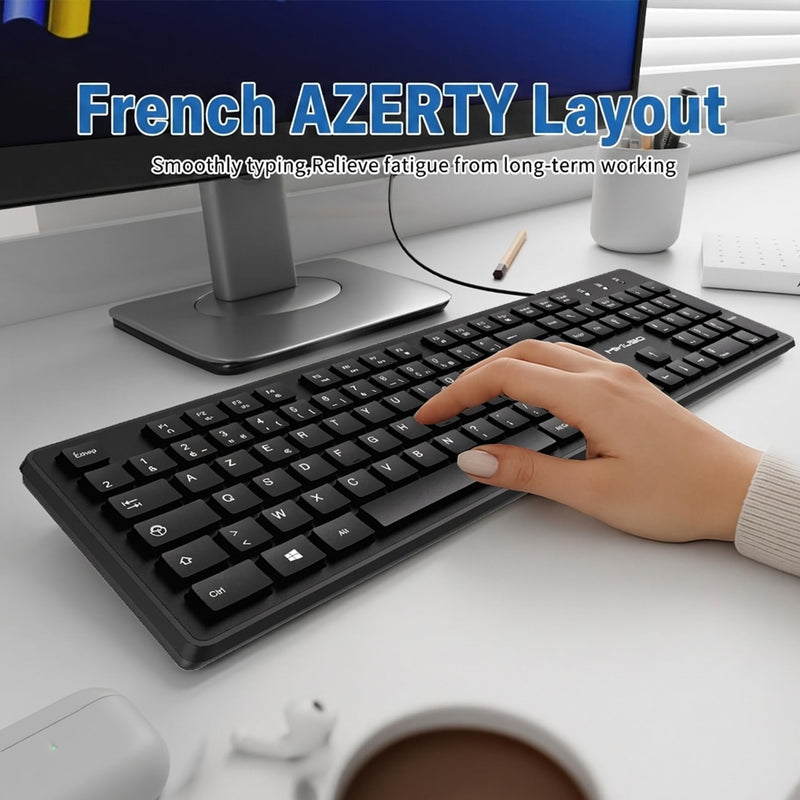 French AZERTY Keyboard Wired USB for Computer Laptop PC | 105 Keys Full-Size Laser-Etched(Not Fading Character）1.6m Cable Length,Typing Comfort for French Speakers,Office French AZERTY Layout