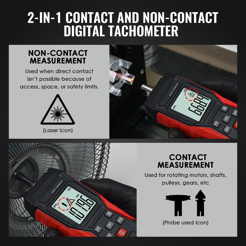 2-in-1 Digital Tachometer with Laser & Contact Non-Contact Laser Tach Meter 3-19999RPM and Photo Tachometer 3~99999RPM MAX/MIN/Hold Data/AVG, Backlit RPM Gauge for Cars, HVAC, Motors, Small Engines