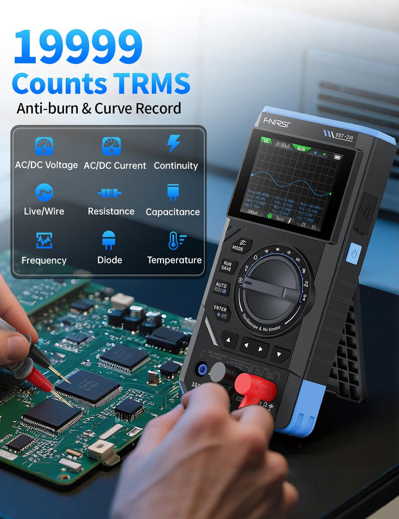 FNRSI Upgraded DST-210 2-in-1 Digital Oscilloscope Multimeter, 48MS/s Sampling Rate, 10MHz Bandwidth, Portable Scope with 2.8" Color TFT Screen, Signal Generator, DMM for Electronics Repair