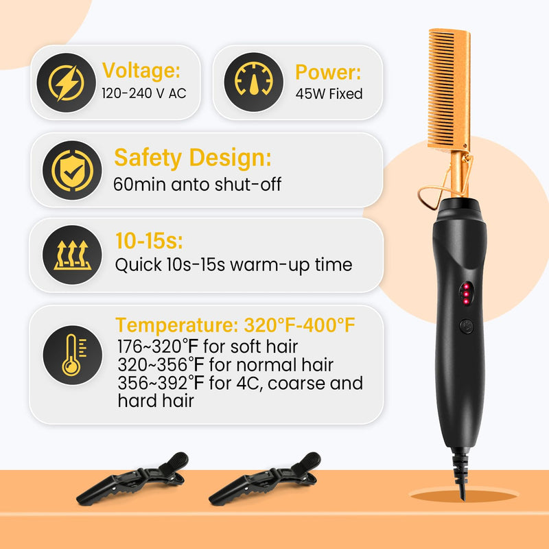 Hot Comb Set 15Pcs, Electric Hair Straightener Comb Curling Iron for Natural Black Hair Wigs Pressing Combs with Hair Wax Stick Set, Rat Tail Comb ＆Salon Clips