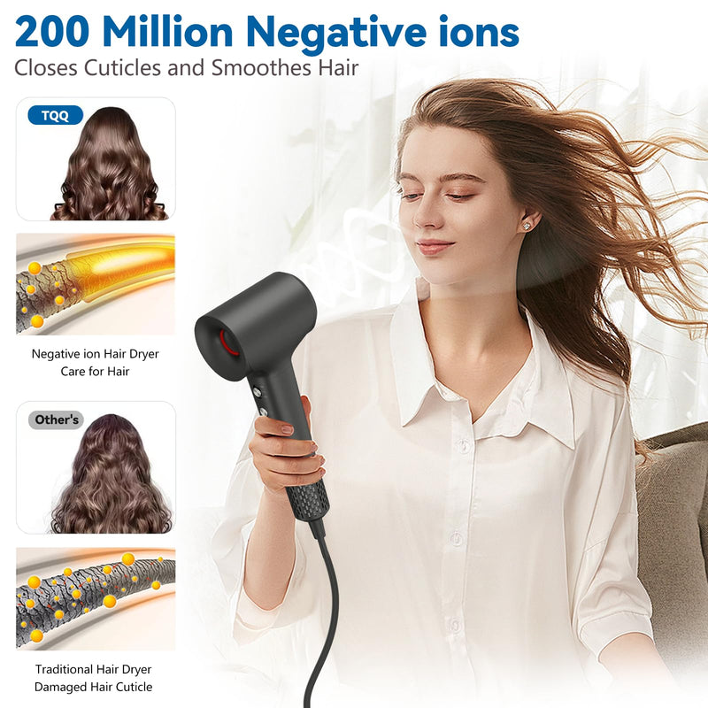 TQQ Hair Dryer, 200 Million Negative Ionic Hairdryer, 110, 000 RPM High Speed Brushless Motor Blow Dryer for 2min Fast Drying, 57dB Low Noise Travel Hairdryers for Women and Men Dark Gray