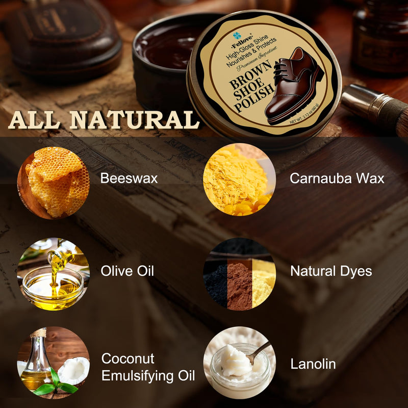  [AUSTRALIA] - Shoe Polish Kit 8PCS – Premium Black, Brown & Neutral Polish, Horsehair Brush, 3 Cloths & Compact Pouch for Leather Shoe Care, Waterproof for Boots and Shoes, Office and Travel