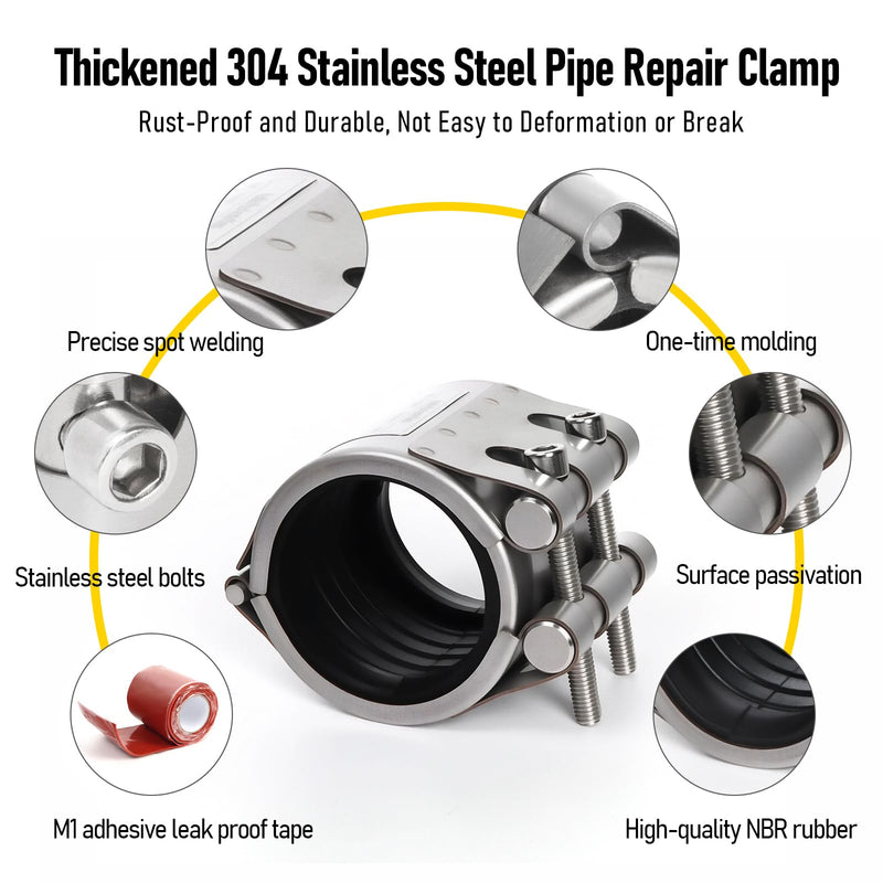 Upgraded Pipe Repair Clamp with M1 Self-Adhesive Leak-Sealing Tape | 304 Stainless Steel Rust-Proof Emergency Pipe Repair Kit for Plastic & Metal Pipes, 1-1/2"(47-51mm) 1-1/2"(47-51mm)