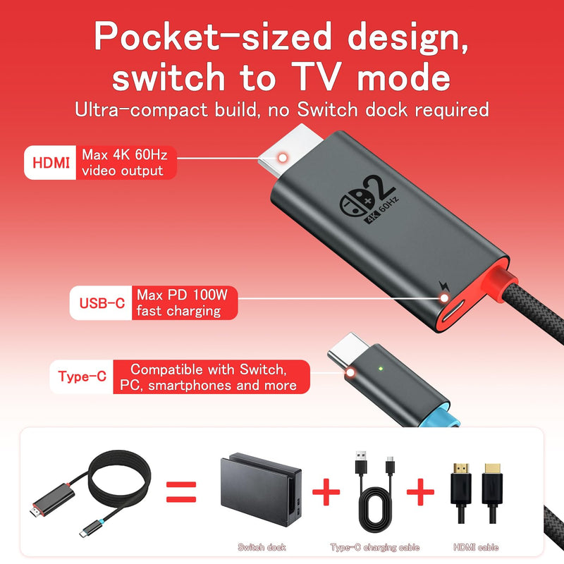 for Switch 2 Dock HDMI Adapter, 4K@60Hz TV Output, PD 100W USB-C Fast Charging, Type-C to HDMI Cable Compatible with Switch 2/OLED/Steam Deck/ROG Ally/Laptops/Phones 6.6FT