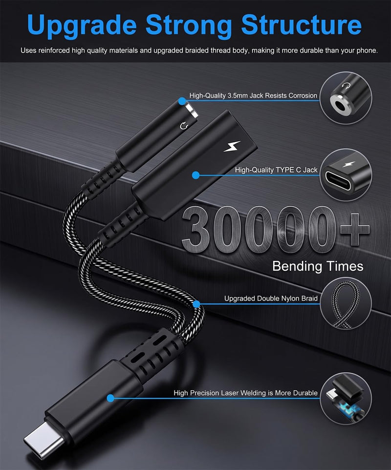USB C to 3.5mm Audio and Charger Adapter, 2in1 USB C to Aux Headphone Jack Splitter and Type C PD 60W Fast Charging Dongle Cable for iPhone 17 16 15 Pro Max Plus, Galaxy S25 S24 S23 Ultra More USBC