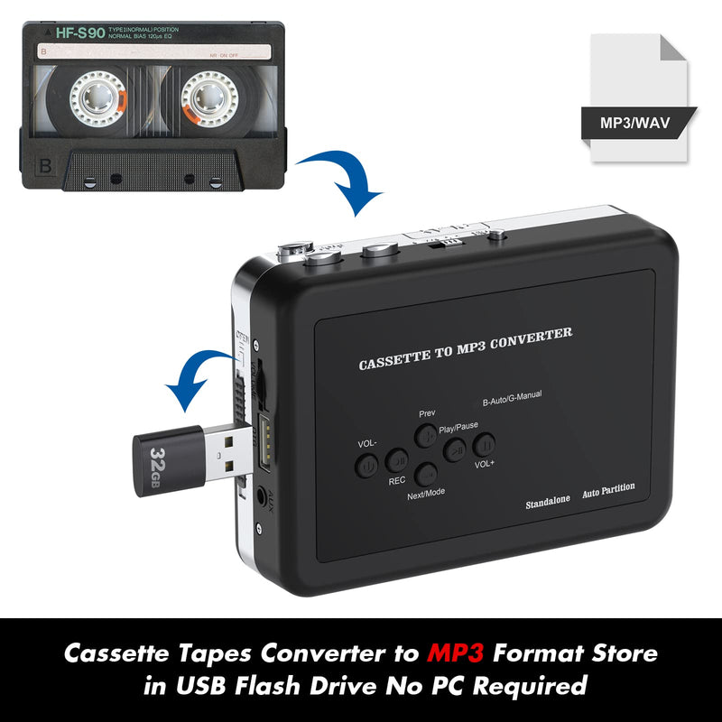 Portable Cassette Player Converter, Convert Cassette to MP3 via USB Disk, USB/Tape Audio Music Player with Earphones, No PC Required | Convert Tapes to MP3 via USB Drive Black-Pink