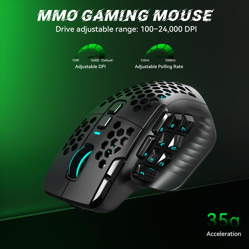 SOLAKAKA SM809 Pro Tri-Mode MMO Gaming Mouse, 16 Programmable Buttons with Interchangeable Magnetic Side Panels,PAW3311 24000 DPI Wireless Mouse, BT5.0/2.4G/Type C Wired PC Gaming Mice for Gamer,Black Black