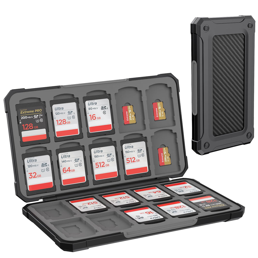 HEIYING Memory Card Case for SD Card and TF Card, Portable SD Card Holder SD SDHC SDXC TF Card Storage with 20 SD Card Slots & 20 Micro SD Card Slots. Upgrade Carbon Fiber Black