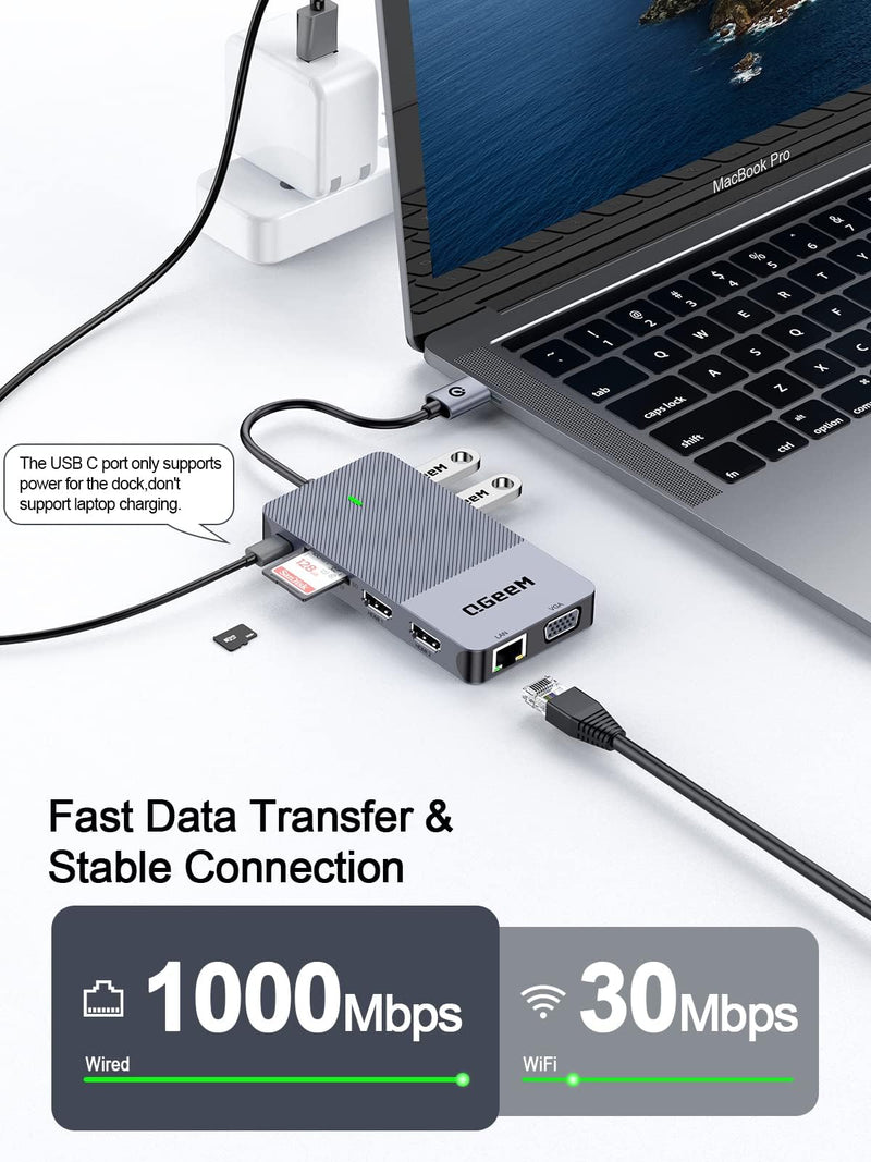 QGeeM USB 3.0 Laptop Docking Station, Triple Display USB Hub Hdmi Splitter Extender Dual Monitor,USB Dock with 2 HDMI, VGA, USB 3.0, Card Reder Compatible for MacBook M1 M2 M3 M4 Dell HP Lenovo Mac OS Classic Grey