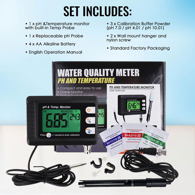 2 in 1 Temperature pH Monitor Meter Tester Sensor test Kit 0~14.0 pH Automatic Buffer Recognition BNC electrode Probe for Hydroponics Aquarium Lab Testing Food Drinking Water pH of saltwater/seawater