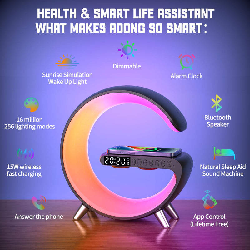 Smart Wireless Charging Alarm Clock with Bluetooth Speaker, App Controlled Bedside Lamp Table Light and Night Light, Bedroom Home Decor, Gift for Girls Boys and Family for Birthday Christmas (Black) Black 1 pack