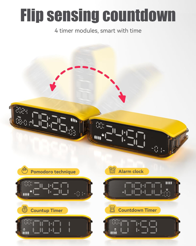 Pomodoro Timer Clock, Desk Timer for Productivity, Rotating to Switch Functions, Real-Time, Countdown, Count-up for Classroom Study, Work, Fitness