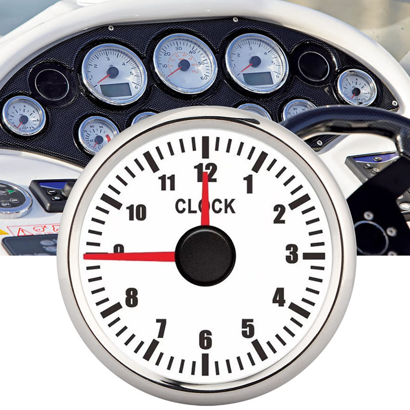 Dashboard Time Clock, 2in Universal 0-12 Hourmeter Clock Instrument Panel Gauges Display Red Backlight 12V/24V for Car Boat Yacht (White Dial Silver Frame)