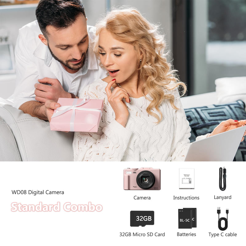 4K Digital Camera with 180° Flip Screen, 64MP Compact Vlogging Camera, Pink | Point And Shoot Camera with WiFi, 32GB SD Card, Easy To Use Digital Camera Kit for Travel and Beginners
