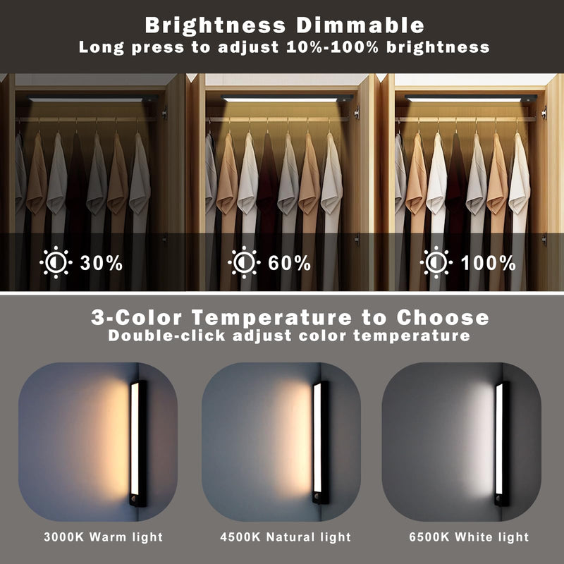 88LED Motion Sensor Under Cabinet Lights Indoor, 3 Color Temps Dimmable Closet Lighting, Rechargeable Wireless Magnetic Strip Night Counter Light for Hallway, Stair, Drawer, Wardrobe(2Pack, 12.7inch) 88LED-12.7inch