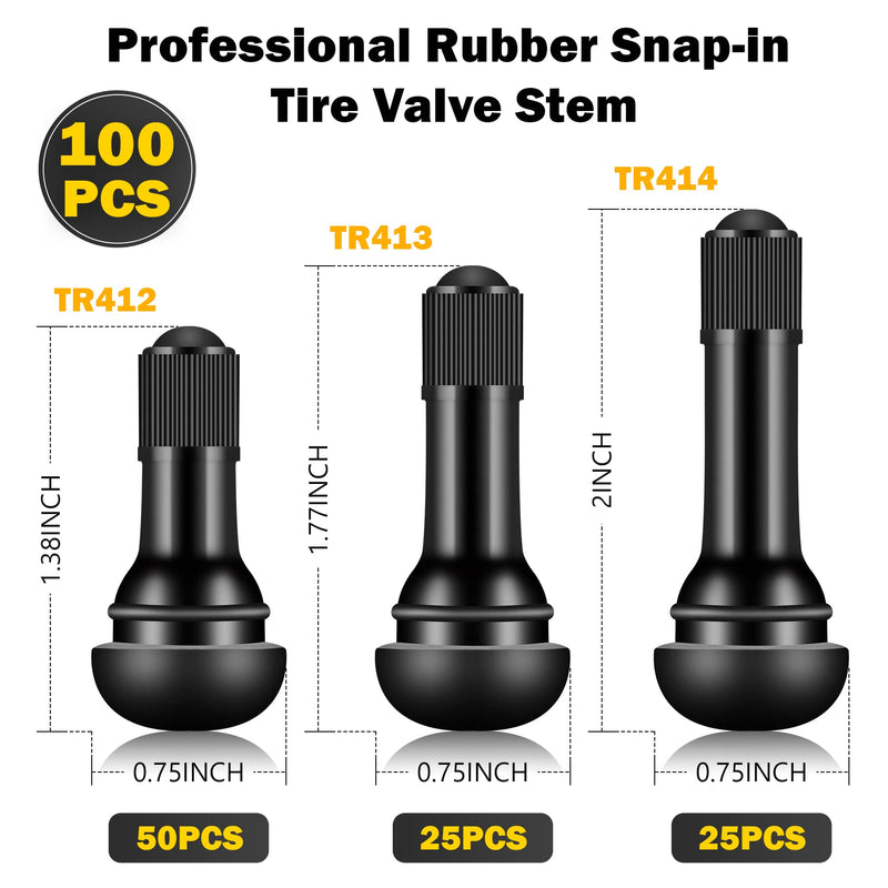 100 Pieces TR412 TR413 TR414 Tire Valve Stems Rubber Black Rubber Snap-in Valves,Tubeless Valve Stems Suit for 0.453 inch Rim Holes on Standard Vehicle Tires 100pcs（TR412-50pcs、TR413-25pcs、TR414-25pcs）