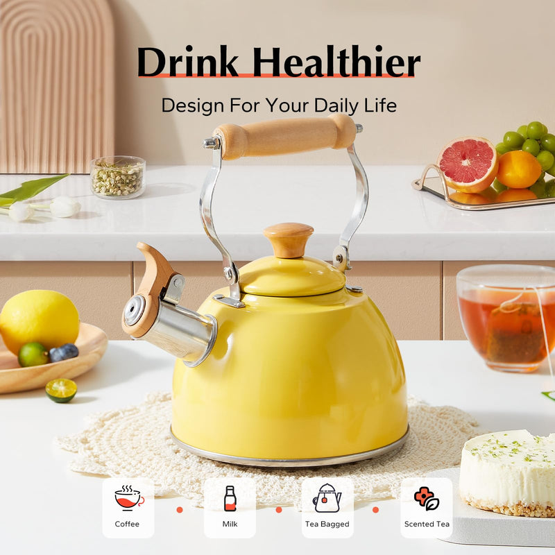 ROCKURWOK Tea Kettle, Tea Pot with Cool Touch Ergonomic Handle, Teapot Food Grade Stainless Steel, Tea Kettle Stovetop, Kettle Teapot, Whistling Tea Kettle, Small Tea Kettles, 1.6 Quart (Yellow) Yellow(1.6QT) 1.6 Quarts