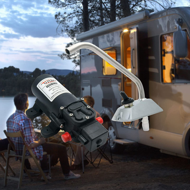 12v Water Pressure Diaphragm Pump 4.3 L/min 1.1 GPM 35 PSI with 360°Spin Faucet/Tap - Caravan RV Marine Boat