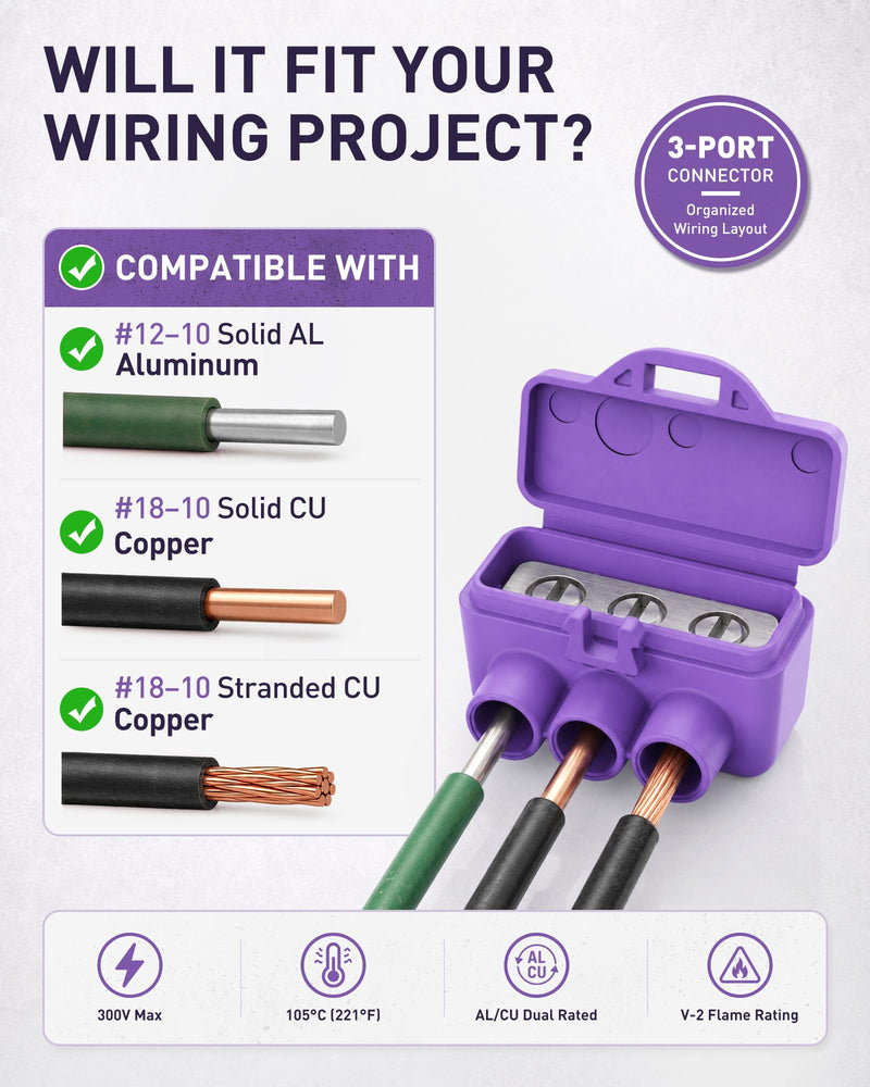 3-Port Aluminum-to-Copper Wire Connectors, 10 Pack Screw Terminal Electrical Wire Connectors, Pre-Filled with Oxide Inhibitor for Solid & Stranded Wires, Residential & Industrial Wiring