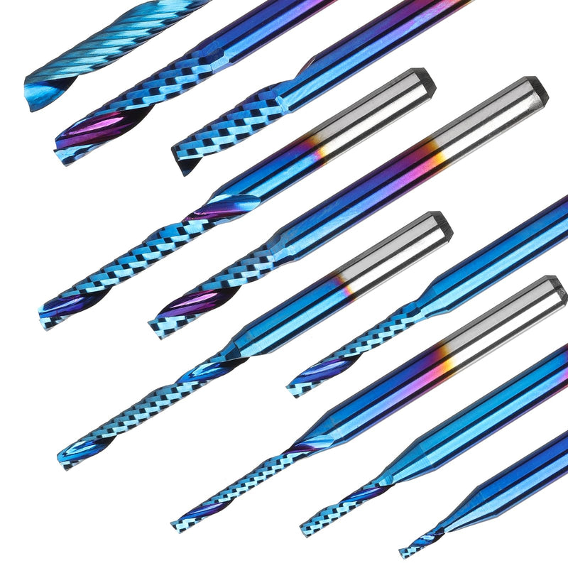 Genmitsu 1/8 Inch Shank 10pcs Carbide Spiral O Flute (Single Flute) End Mill CNC Router Bits, Solid Nano Blue Coat, for Woodworking Cutting Carving Wood Acrylic PVC PCB MDF, OS10A 1/8" Shank O-Flute 10pcs