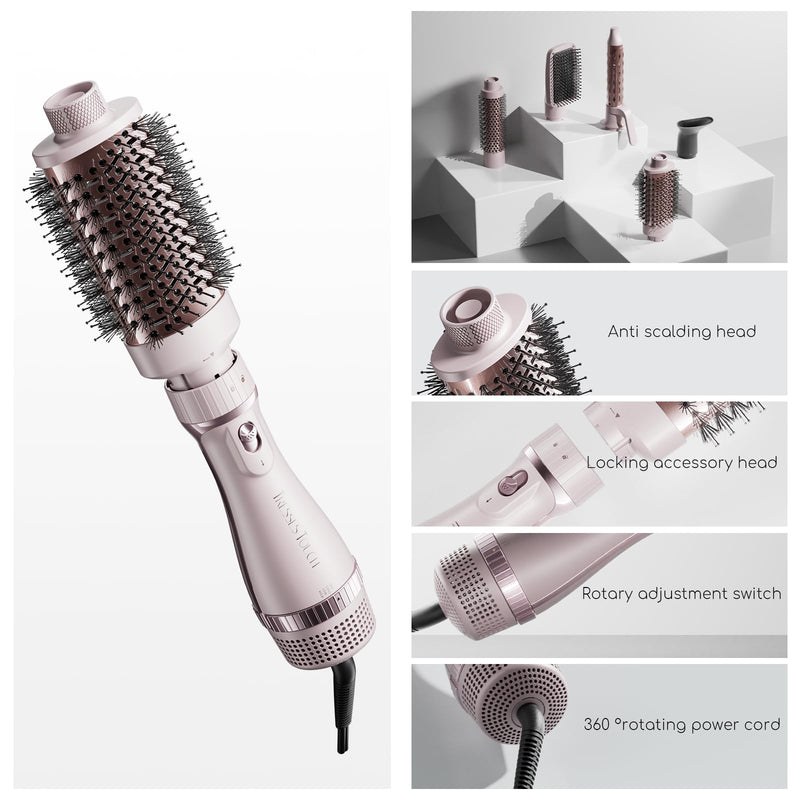 Hair Dryer Brush, 5-in-1 Blow Dry Hair Brush, Multi Hot Air Styler for Drying and Styling Volumizing Curling Sleeking in One Step, Ceramic Coating, Less Frizz, 3 Temperatures, Pink