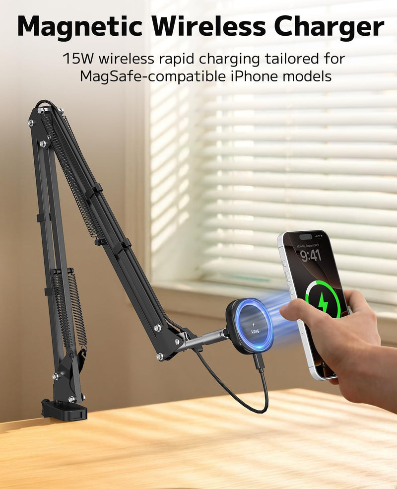 VRIG Magnetic Wireless Charger Phone Stand for Bed Desk Flexible Long Arm | Magsafe Overhead Phone Mount Stand for Desk, Adjustable Bedside Laying Down Magic Arm Clamp for iPhone, Vlogging, Drawing Wireless Charger Stand