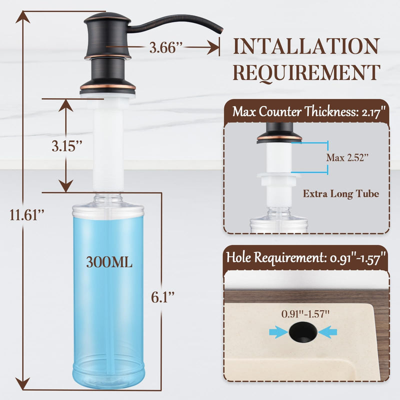 Built in Soap Dispenser for Kitchen Sink Countertop, Solid Brass Pump Head Long Spout with 10.2 Ounce PET Food Safe Material Lotion Bottle, Oil Rubber Bronze Finish Orb