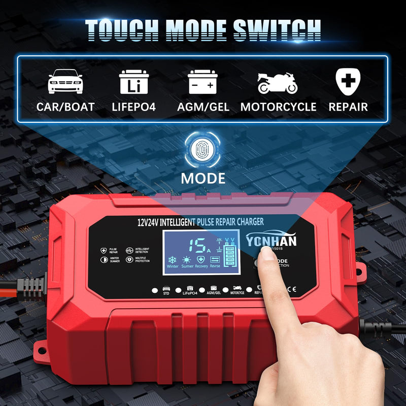 YONHAN 15A Battery Charger, 12V/24V LiFePO4 & Lead Acid Car Battery Charger, 9-Stage Trickle Charger with Temp Compensation, Automotive Battery Maintainer for Car Truck Motorcycle Lawn Mower Boat(Red)