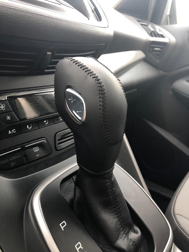 Black Leather Gear Shift Knob Cover for Ford Focus 2012 2013 2014 2015 2016/ Ford Fiesta 2014 2015 2016 / Ford Fusion S/Fusion SE 2013 2014 2015 2016 / Fusion Gear Shift Cover/Accessories for Ford Black leather + Black thread