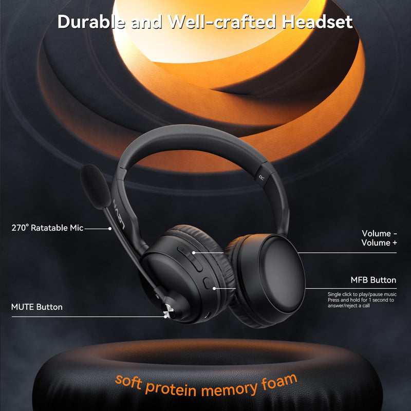 LEVN Bluetooth Headset with Microphone, 60 Hrs Working Time Dual Connection Bluetooth Headphones with Mic, Wireless Headset with Mic for Work/Video Meetings/Phone/Call Center/PC/Music/Zoom/Teams