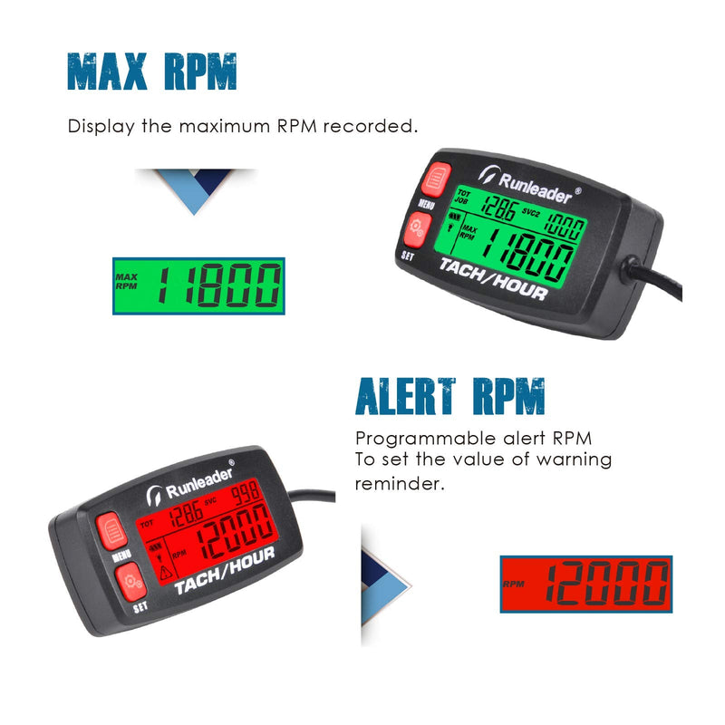Runleader Hour Meter Tachometer,Maintenance Reminder,Alert RPM,Backlit Display,Initial Hours Setting,Battery Replaceable,Use for ZTR Mower Generator Marine ATV and Gas Powered Device. (Button-Red) Button-Red