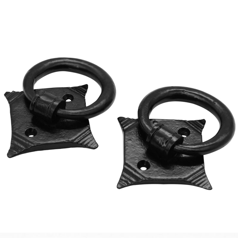 2 Pack Mystic Colonial Cast Iron Ring Pull Handles – Blackened Hammered Finish – Antique Style for Cabinet, Drawer & Cupboard Hardware with Screw - Hammered 2, Colonial Colonial - 2" x 2" - Pair