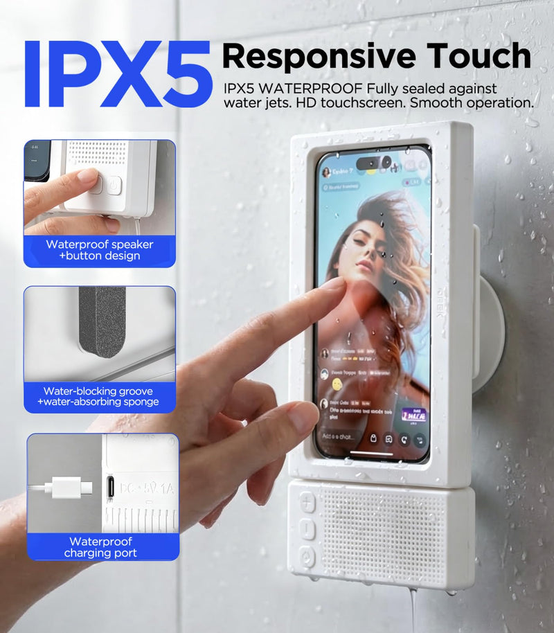 2nd Gen Shower Phone Holder Waterproof with Speaker Hole 1200mAh | 18H Playtime With Dual Bluetooth Speaker IPX6 Speakers High-Sensitivity Touchscreen Rich Bass Sound Bluetooth 5.3 (White） White