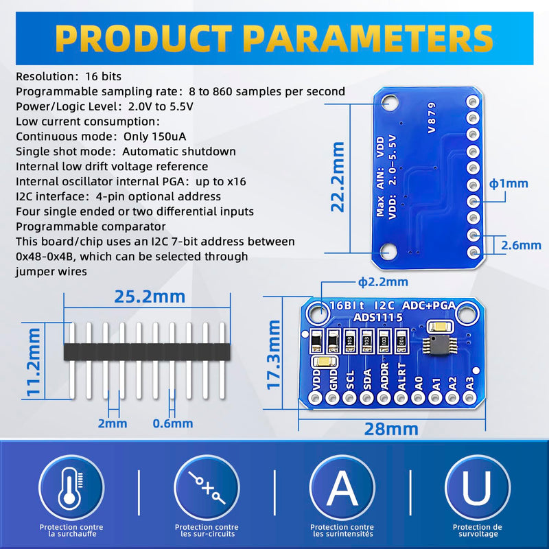 4PCS ADS1115 16 Bit 16 Byte 4 Channel I2C IIC Analog-to-Digital ADC PGA Converter with Programmable Gain Amplifier High Precision ADC Converter Development Board