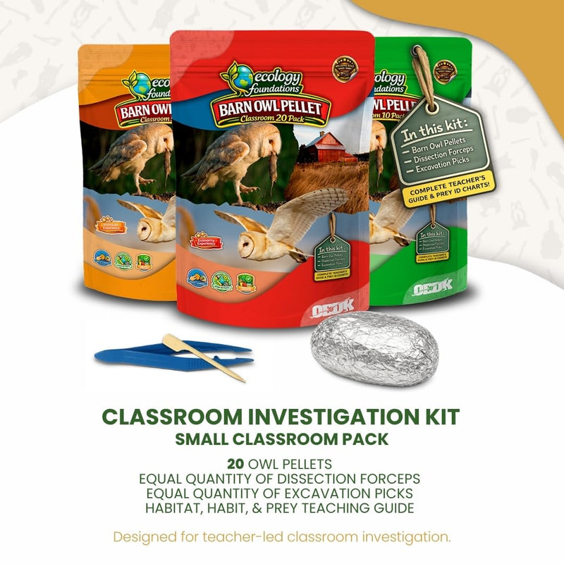 Barn Owl Pellets Classroom 20 Pack (Small) – Dissection Kit for Ecology & STEM – Includes Forceps, Picks & Teacher Guide – Hands-On Science Activity Small (1.0 to 1.5 inches) 20-Pack