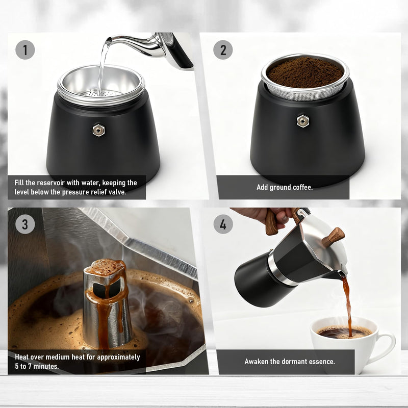 Moka Pot Espresso Coffee Maker, 300ml-6 Cups Espresso Maker, Easy To Use And Clean, Camping Home Use,Suitable For Mocca Puccino Coffee (Black) Black