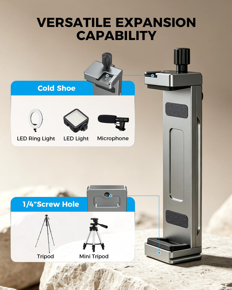Aluminum iPad Tablet Tripod Mount Adapter - Adjustable 13.5-22cm Clamp Range with 1/4" Thread, Arca Swiss, Cold Shoe - Universal Tablet Holder for iPad, Video Recording, Photography