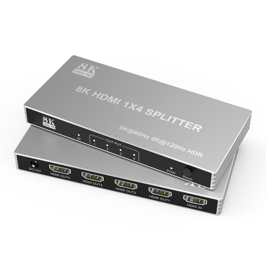 8K HDMI Splitter 1 in 4 Out - 8K@60Hz 4K@120Hz 1x4 HDMI 2.1 Splitter Duplicate/Mirror Any HDMI Signal, 8K Ultra HD, EARC, HDCP 2.3, HDR, VRR, EDID, for TV/Monitor/Fire Stick/ PS5 PS4/ Xbox/Player