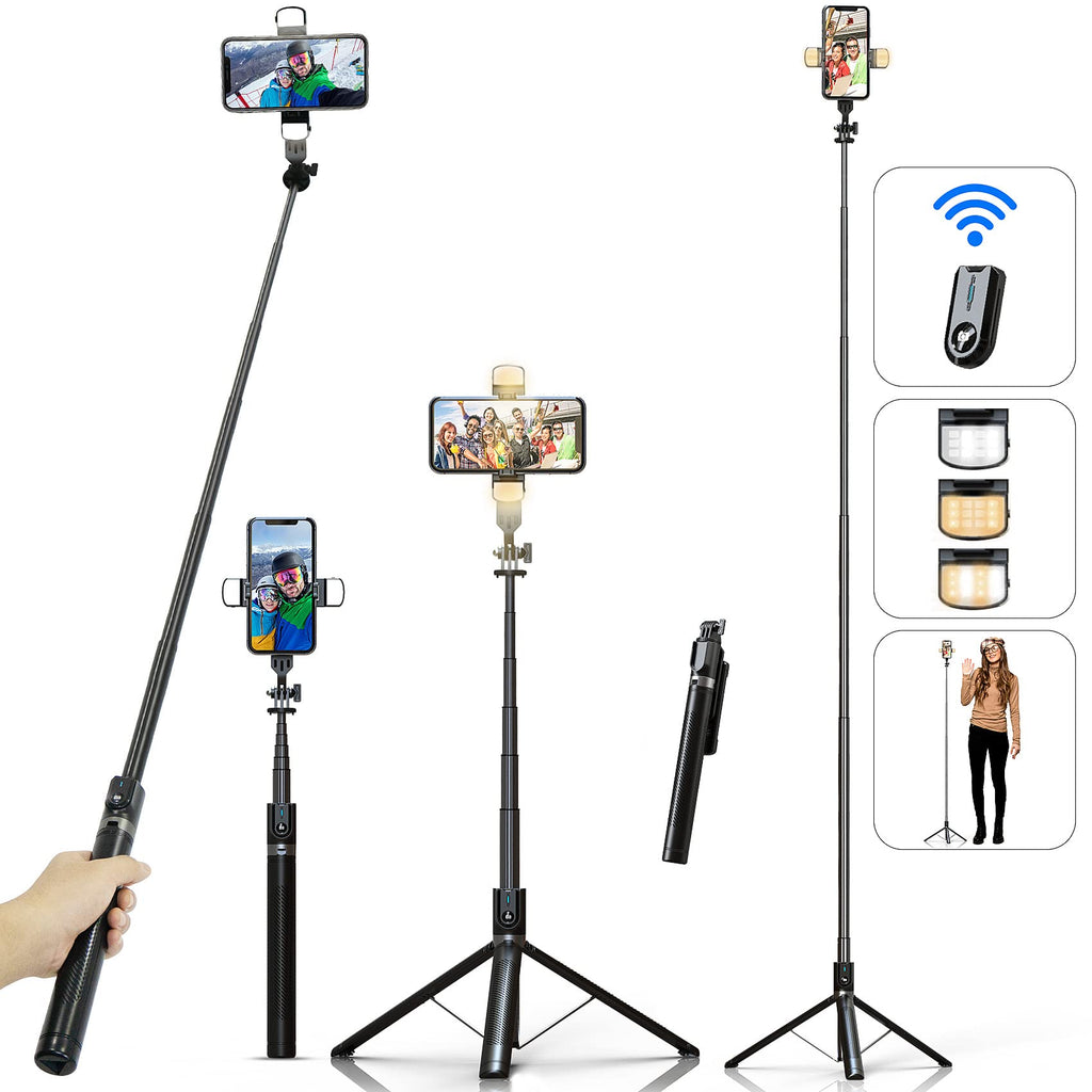 Selfie Stick Phone Tripod with Remote and LED Fill Lights - ASHINER 70 inch Heigh Cell Phone Holder for Travel, Vlogging, Live Streaming Video and Photos,Phone Stand Compatible with iPhone and Android