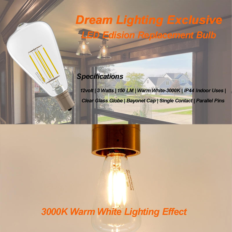 Dream lighting LED Edison Bulb 3W, 150 Lumens, Warm White 3000K, LED Vintage Replace Globe Dinette Light Fixtures, Pack of 2