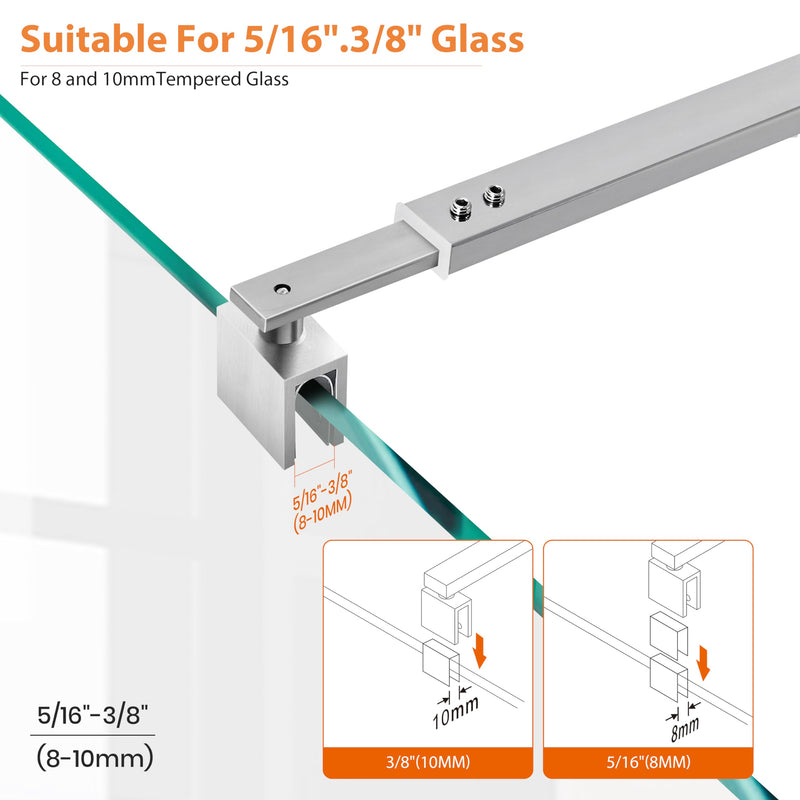 Shower Door Support Bar, Adjustable Length 27 3/5"-47 1/5" (700mm-1200mm) Rod for 5/16" (8mm) to 3/8" (10mm) Thick Frameless Glass Door Panel, Brushed Silver Adjustable length 700-1200mm, square end