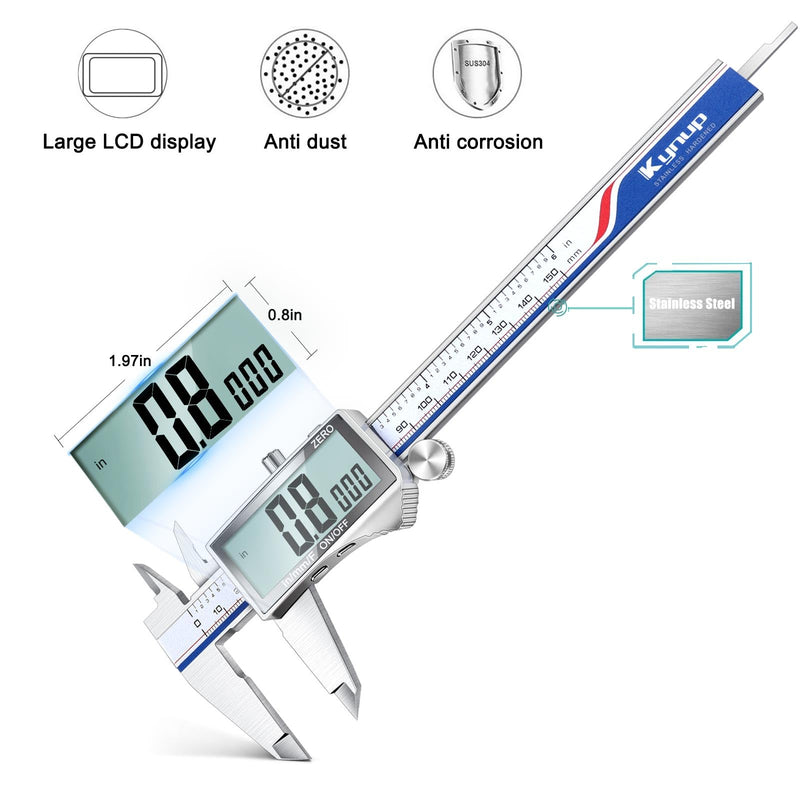 Kynup Digital Caliper Measuring Tool, Vernier Dial Caliper Digital Outside Micrometer, 6 Inch Caliper DIY Tool, Stainless Steel, Large Screen, Splash Proof, Inch Metric Fraction Switch 301-2