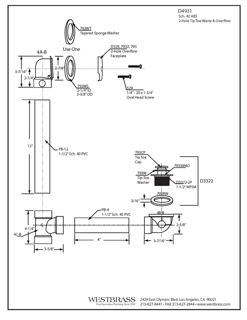 Westbrass Tip-Toe Sch. 40 ABS Bath Waste with Two-Hole Elbow, Matte Black, D4931-62 1 Pack
