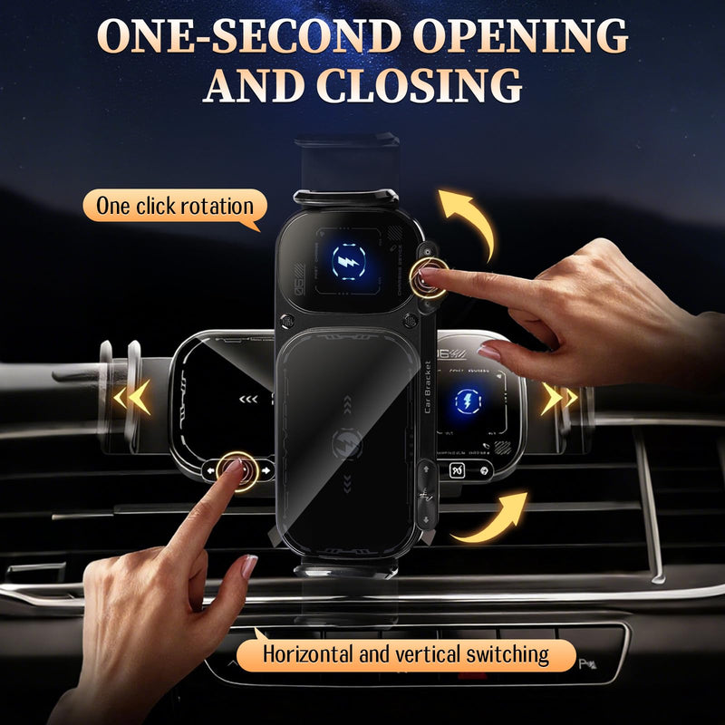 Wireless Charging Rotating Car Mount, 15W Fast Charger with Auto Clamping, One-Click 90° Rotation, 360° Rotation, Anti-Shake Technology, Foldable Phone Fit