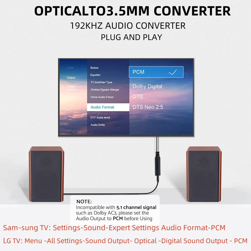 192KHz DAC Optical to 3.5mm Female Converter,Optical Audio Cable to AUX Cable Adapter,Digital to Analog Audio Converter for HDTV DVD Set-top Boxes (Unidirectional O-ptical to A UX) Aux Cable - 5FT 1