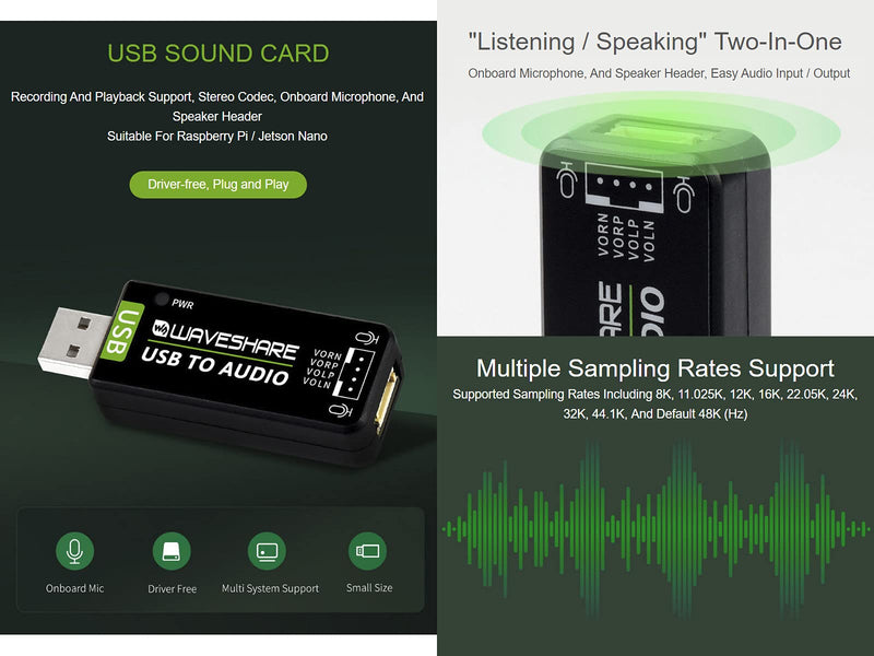 Waveshare USB Sound Card for Raspberry Pi/Jetson Nano USB Audio Module External Audio Converter Recording and Playback Support Stereo Codec Onboard Microphone and Speaker Header No Driver Required