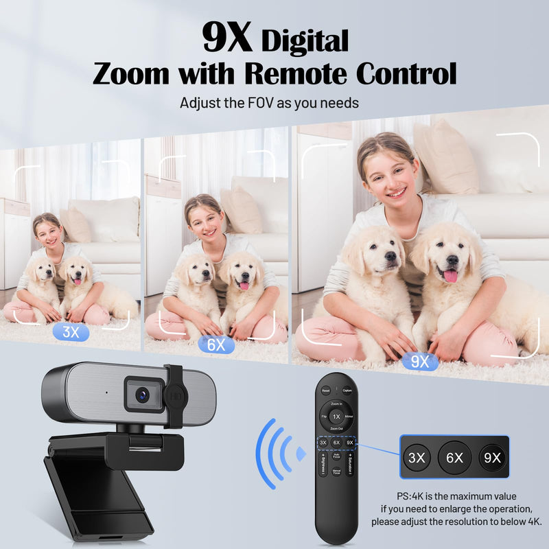 YQE 4K Webcam with Tripod, UHD Web Cam with Microphone, PDAF Autofocus Webcam with Remote Control, Privacy Cover, USB Type-A & A-to-C Adapter Computer Camera for Calling, Zoom/Teams/Facetime/Switch 2 Grey + Black