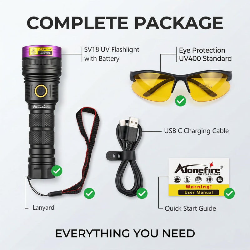 ALONEFIRE SV18 12W 365nm UV Flashlight Powerful USB C Rechargeable Woods Lamp Black Light for Pet Urine Detection, Resin Curing, Minerals, Fishing,Scorpion, Bed Bug with UV Protective Glasses,Battery