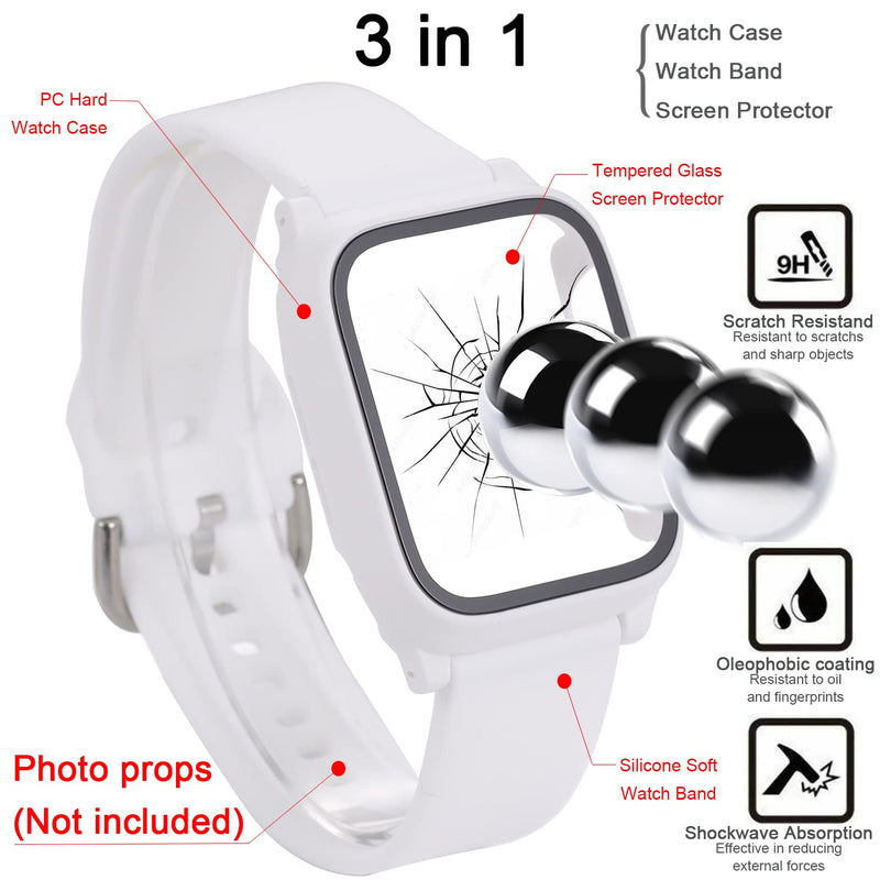 3 in 1 for Apple Watch Case with Band,Silicone Silky Wrist Strap with PC Hard Cover Built-in Tempered Glass Screen Protector for iWatch SE Series 9 8 7 6 5 4 40mm White